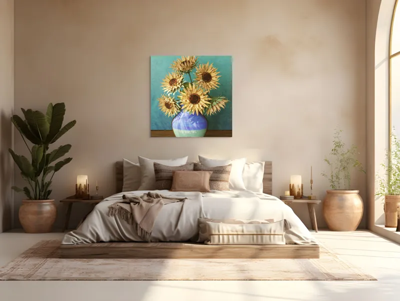 Tablou Canvas, "Flori de soare în vaza albastră", Nu știu cine este în imagine. Floarea-Soarelui, Vază, Albastru, Pictură, Textură, Umbră, Natură, Artistic., 100 x 100 cm – poza 4