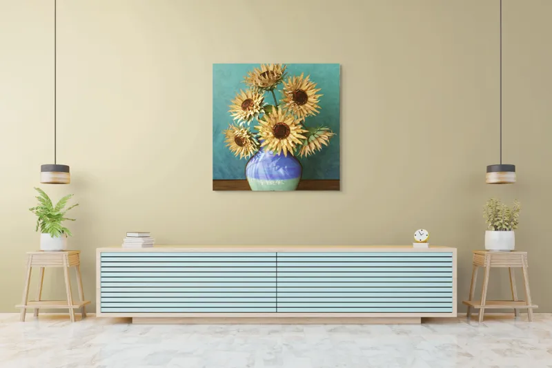 Tablou Canvas, "Flori de soare în vaza albastră", Nu știu cine este în imagine. Floarea-Soarelui, Vază, Albastru, Pictură, Textură, Umbră, Natură, Artistic., 100 x 100 cm – poza 5