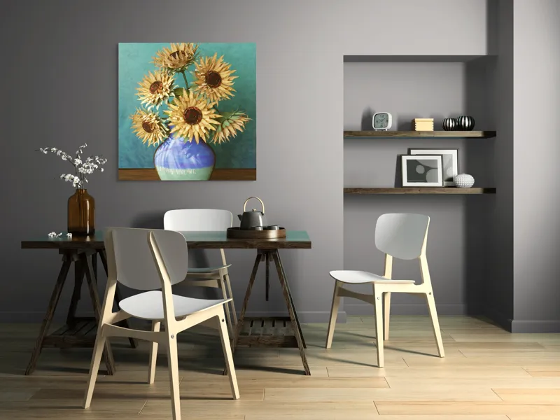 Tablou Canvas, "Flori de soare în vaza albastră", Nu știu cine este în imagine. Floarea-Soarelui, Vază, Albastru, Pictură, Textură, Umbră, Natură, Artistic., 100 x 100 cm – poza 6