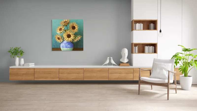 Tablou Canvas, "Flori de soare în vaza albastră", Nu știu cine este în imagine. Floarea-Soarelui, Vază, Albastru, Pictură, Textură, Umbră, Natură, Artistic., 100 x 100 cm – poza 8