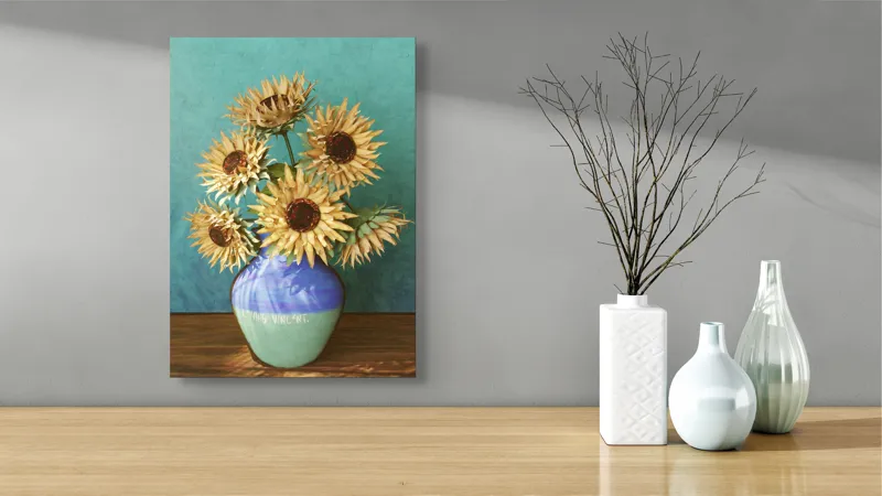 Tablou Canvas, "Flori de soare în vaza albastră", Nu știu cine este în imagine. Floarea-Soarelui, Vază, Albastru, Pictură, Textură, Umbră, Natură, Artistic., 39 x 54 cm – poza 4