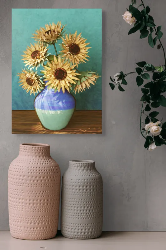 Tablou Canvas, "Flori de soare în vaza albastră", Nu știu cine este în imagine. Floarea-Soarelui, Vază, Albastru, Pictură, Textură, Umbră, Natură, Artistic., 39 x 54 cm – poza 6