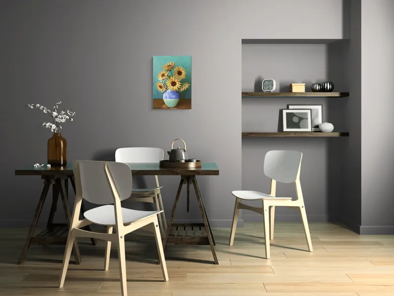 Tablou Canvas, "Flori de soare în vaza albastră", Nu știu cine este în imagine. Floarea-Soarelui, Vază, Albastru, Pictură, Textură, Umbră, Natură, Artistic., 39 x 54 cm – poza 7