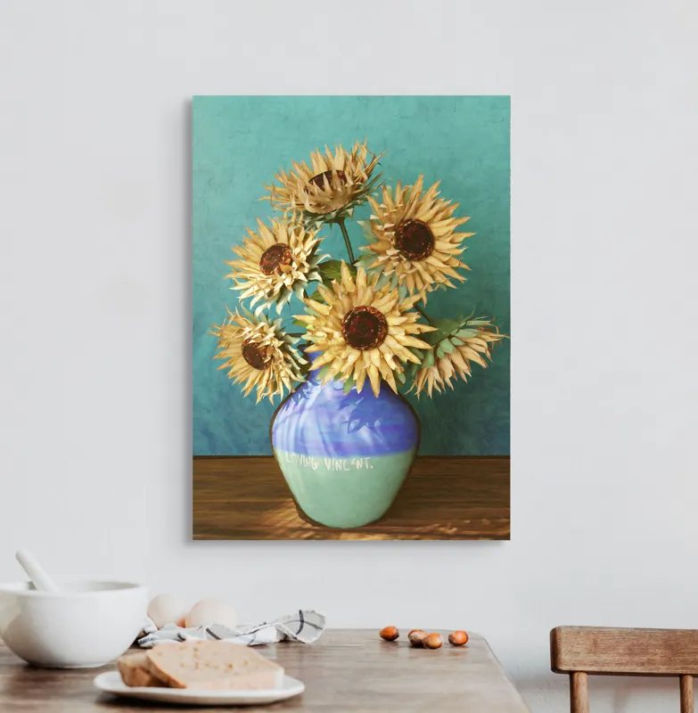 Tablou Canvas, "Flori de soare în vaza albastră", Nu știu cine este în imagine. Floarea-Soarelui, Vază, Albastru, Pictură, Textură, Umbră, Natură, Artistic., 50 x 70 cm – poza 3