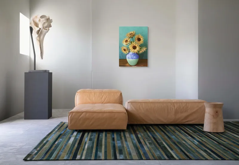 Tablou Canvas, "Flori de soare în vaza albastră", Nu știu cine este în imagine. Floarea-Soarelui, Vază, Albastru, Pictură, Textură, Umbră, Natură, Artistic., 50 x 70 cm – poza 7