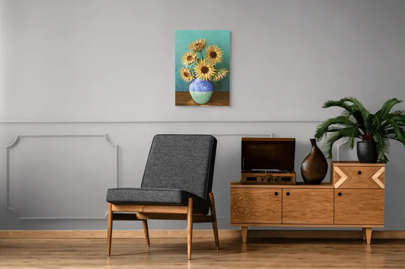 Tablou Canvas, "Flori de soare în vaza albastră", Nu știu cine este în imagine. Floarea-Soarelui, Vază, Albastru, Pictură, Textură, Umbră, Natură, Artistic., 50 x 70 cm – poza 8