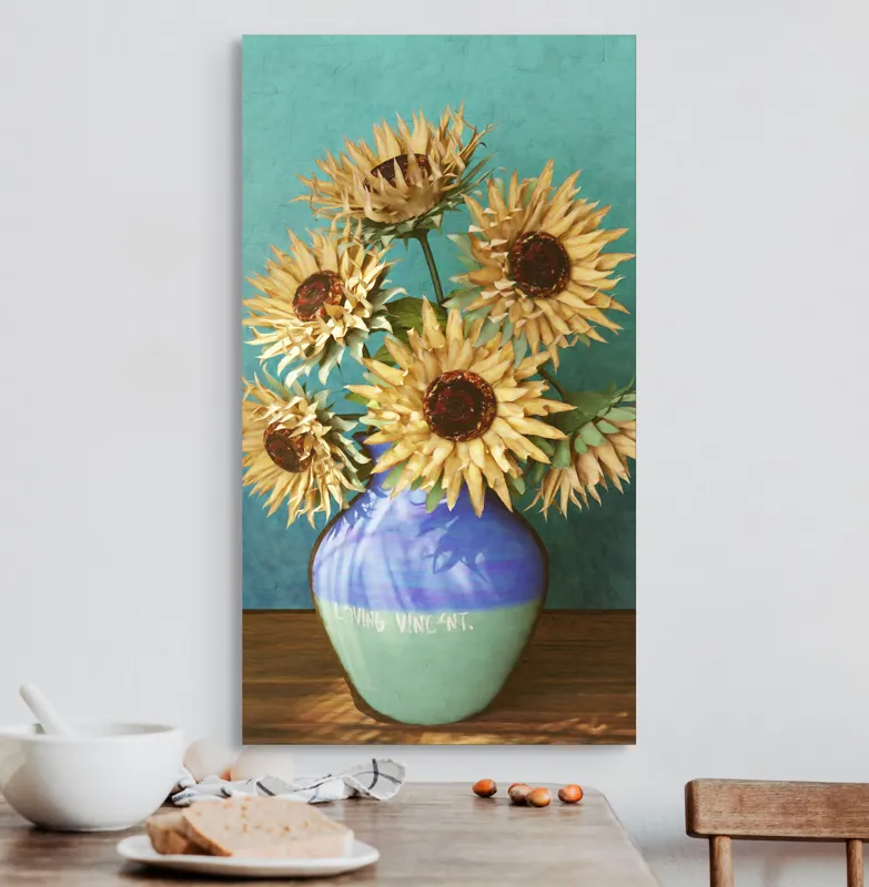 Tablou Canvas, "Flori de soare în vaza albastră", Nu știu cine este în imagine. Floarea-Soarelui, Vază, Albastru, Pictură, Textură, Umbră, Natură, Artistic., 50 x 90 cm – poza 3