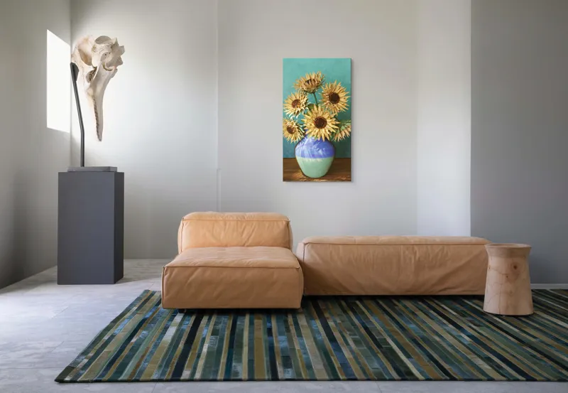 Tablou Canvas, "Flori de soare în vaza albastră", Nu știu cine este în imagine. Floarea-Soarelui, Vază, Albastru, Pictură, Textură, Umbră, Natură, Artistic., 50 x 90 cm – poza 5