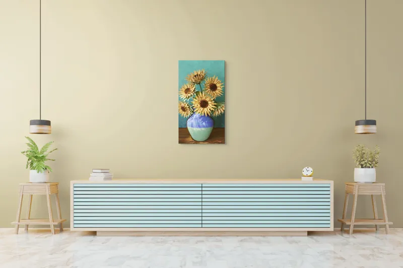 Tablou Canvas, "Flori de soare în vaza albastră", Nu știu cine este în imagine. Floarea-Soarelui, Vază, Albastru, Pictură, Textură, Umbră, Natură, Artistic., 50 x 90 cm – poza 6