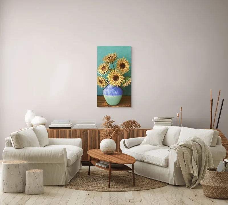Tablou Canvas, "Flori de soare în vaza albastră", Nu știu cine este în imagine. Floarea-Soarelui, Vază, Albastru, Pictură, Textură, Umbră, Natură, Artistic., 50 x 90 cm – poza 7