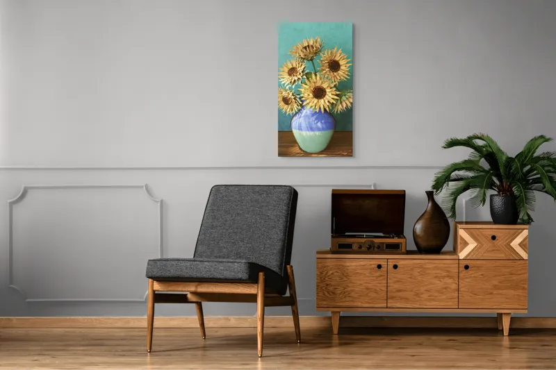 Tablou Canvas, "Flori de soare în vaza albastră", Nu știu cine este în imagine. Floarea-Soarelui, Vază, Albastru, Pictură, Textură, Umbră, Natură, Artistic., 50 x 90 cm – poza 8