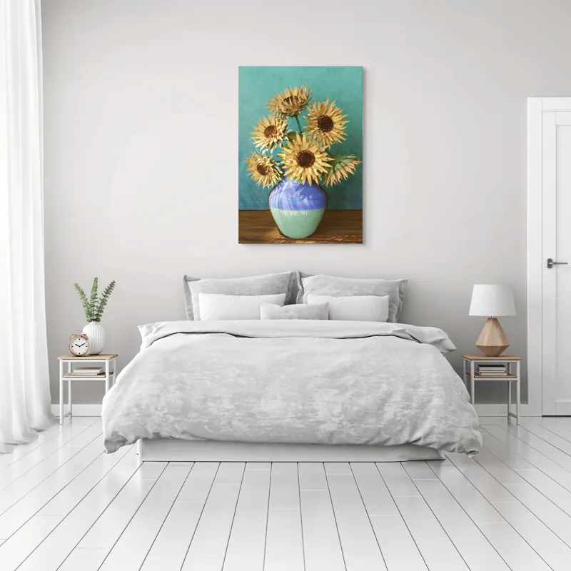 Tablou Canvas, "Flori de soare în vaza albastră", Nu știu cine este în imagine. Floarea-Soarelui, Vază, Albastru, Pictură, Textură, Umbră, Natură, Artistic., 70 x 100 cm – poza 3