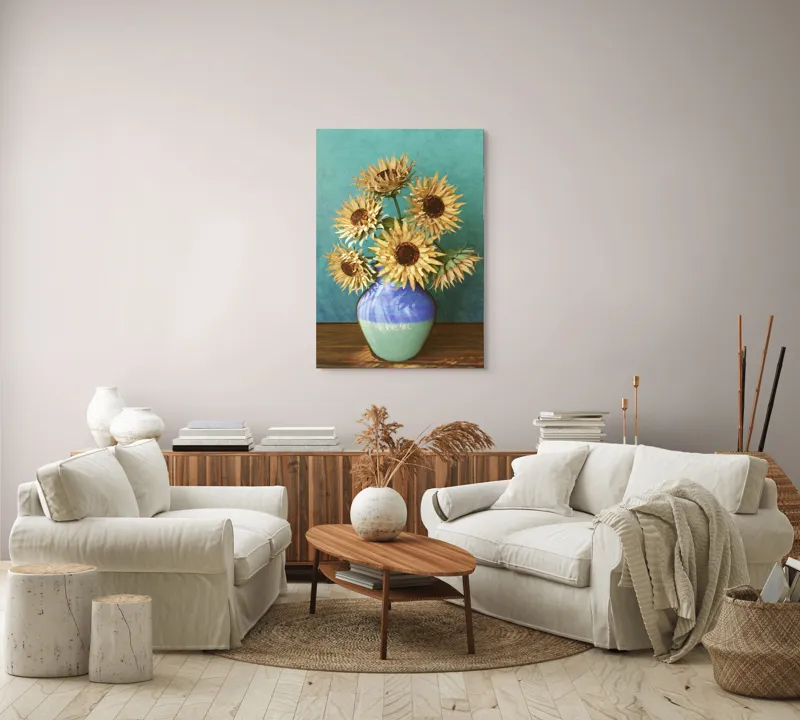 Tablou Canvas, "Flori de soare în vaza albastră", Nu știu cine este în imagine. Floarea-Soarelui, Vază, Albastru, Pictură, Textură, Umbră, Natură, Artistic., 70 x 100 cm – poza 4