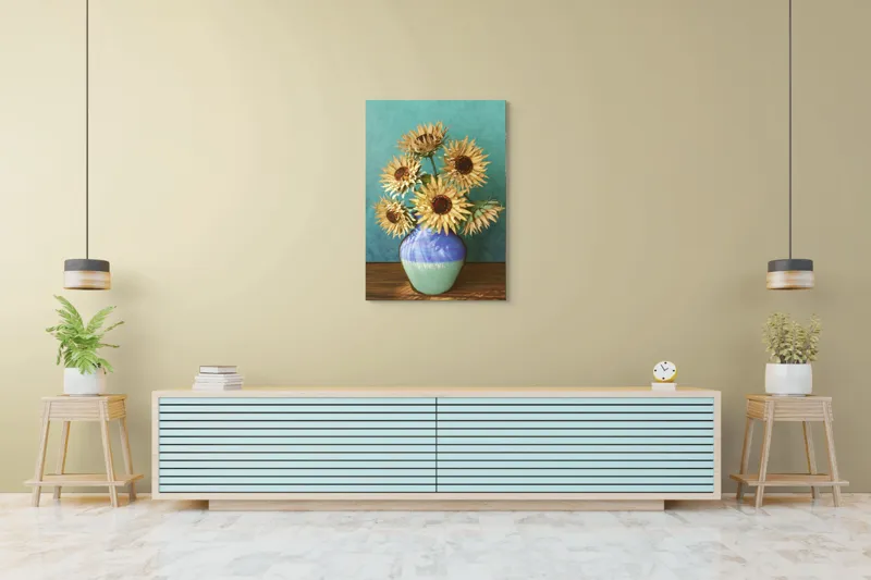 Tablou Canvas, "Flori de soare în vaza albastră", Nu știu cine este în imagine. Floarea-Soarelui, Vază, Albastru, Pictură, Textură, Umbră, Natură, Artistic., 70 x 100 cm – poza 5