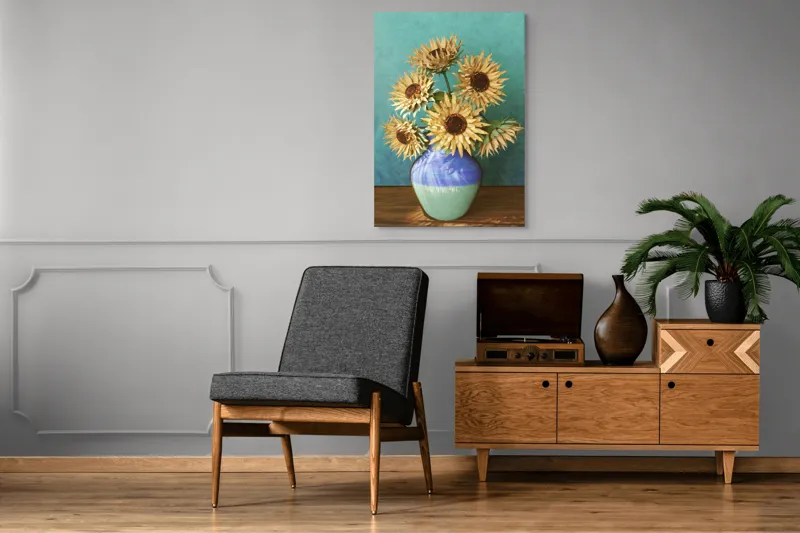 Tablou Canvas, "Flori de soare în vaza albastră", Nu știu cine este în imagine. Floarea-Soarelui, Vază, Albastru, Pictură, Textură, Umbră, Natură, Artistic., 70 x 100 cm – poza 6