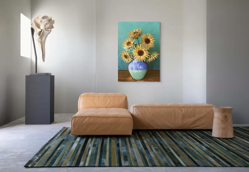 Tablou Canvas, "Flori de soare în vaza albastră", Nu știu cine este în imagine. Floarea-Soarelui, Vază, Albastru, Pictură, Textură, Umbră, Natură, Artistic., 70 x 100 cm – poza 7