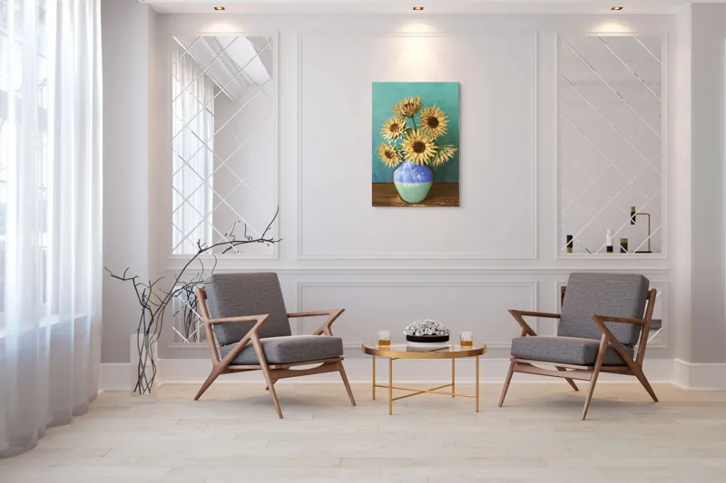 Tablou Canvas, "Flori de soare în vaza albastră", Nu știu cine este în imagine. Floarea-Soarelui, Vază, Albastru, Pictură, Textură, Umbră, Natură, Artistic., 70 x 100 cm – poza 8