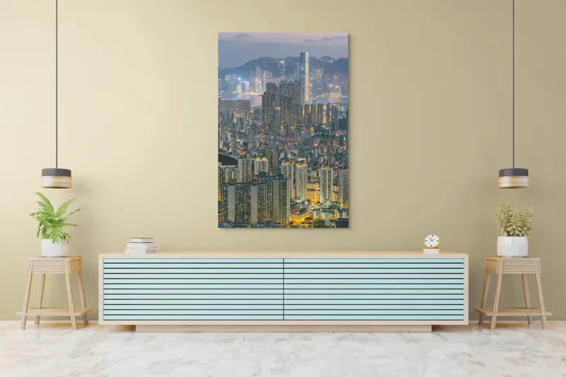 Tablou Canvas, "Orașul luminilor și al înălțimilor", Oraș, Lumină, Clădiri, Noapte, Modernitate, Densitate, Panoramă, Reflexii, Megapolis, Peisaj Urbanistic, 100 x 150 cm – poza 4