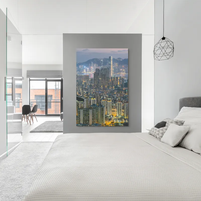 Tablou Canvas, "Orașul luminilor și al înălțimilor", Oraș, Lumină, Clădiri, Noapte, Modernitate, Densitate, Panoramă, Reflexii, Megapolis, Peisaj Urbanistic, 100 x 150 cm – poza 5