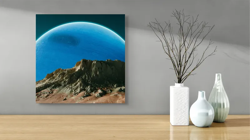 Tablou Canvas Planeta Albastră peste Munți Solitari pentru Decorarea Interiorulu, 50 x 50 cm – poza 3