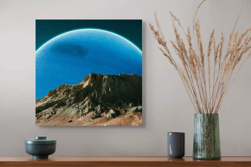 Tablou Canvas Planeta Albastră peste Munți Solitari pentru Decorarea Interiorulu, 50 x 50 cm – poza 4