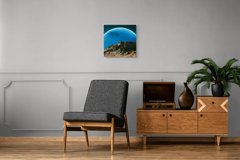 Tablou Canvas Planeta Albastră peste Munți Solitari pentru Decorarea Interiorulu, 50 x 50 cm – poza 6