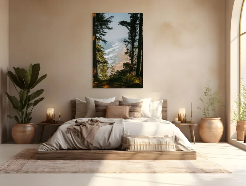 Tablou Canvas, "Între pădure și valuri sălbatice", Ocean, Valuri, Plajă, Pădure, Cer, Verdeață, Înalt, Priveliște, Apus, Natura, 100 x 150 cm – poza 3