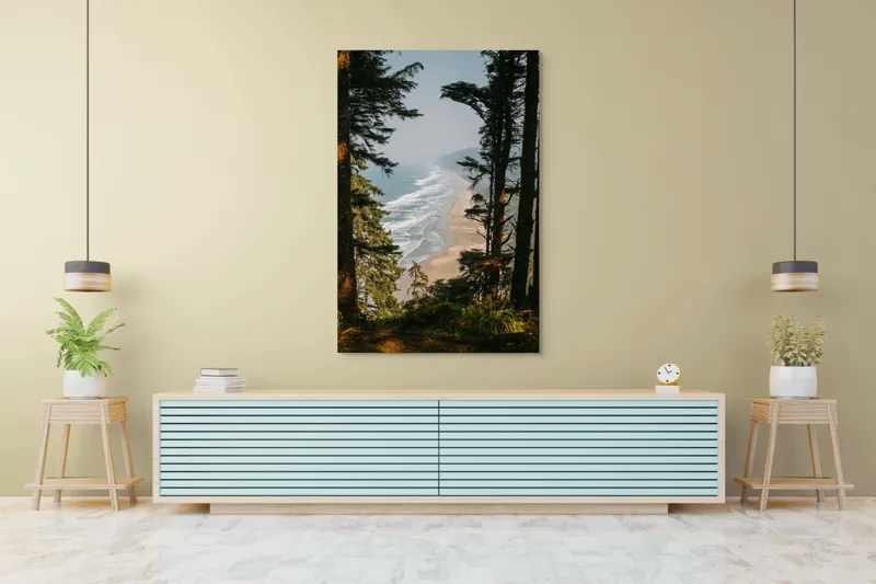 Tablou Canvas, "Între pădure și valuri sălbatice", Ocean, Valuri, Plajă, Pădure, Cer, Verdeață, Înalt, Priveliște, Apus, Natura, 100 x 150 cm – poza 4