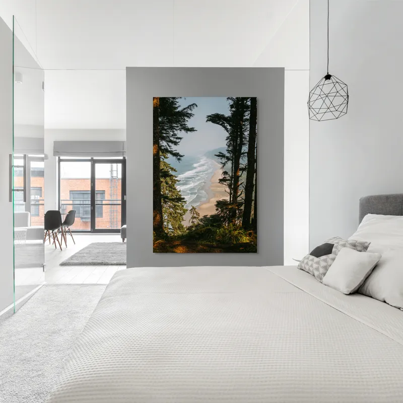 Tablou Canvas, "Între pădure și valuri sălbatice", Ocean, Valuri, Plajă, Pădure, Cer, Verdeață, Înalt, Priveliște, Apus, Natura, 100 x 150 cm – poza 5