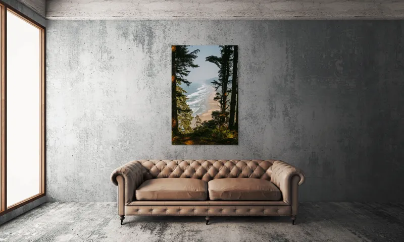 Tablou Canvas, "Între pădure și valuri sălbatice", Ocean, Valuri, Plajă, Pădure, Cer, Verdeață, Înalt, Priveliște, Apus, Natura, 100 x 150 cm – poza 6