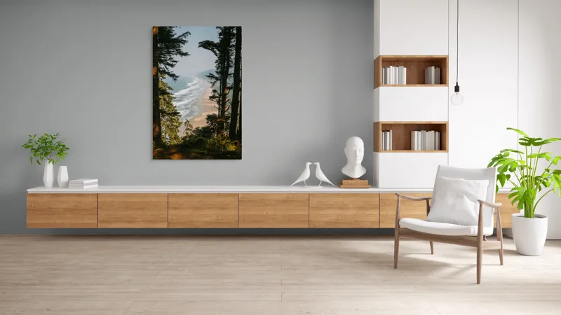 Tablou Canvas, "Între pădure și valuri sălbatice", Ocean, Valuri, Plajă, Pădure, Cer, Verdeață, Înalt, Priveliște, Apus, Natura, 100 x 150 cm – poza 8