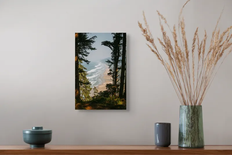 Tablou Canvas, "Între pădure și valuri sălbatice", Ocean, Valuri, Plajă, Pădure, Cer, Verdeață, Înalt, Priveliște, Apus, Natura, 26 x 39 cm – poza 5