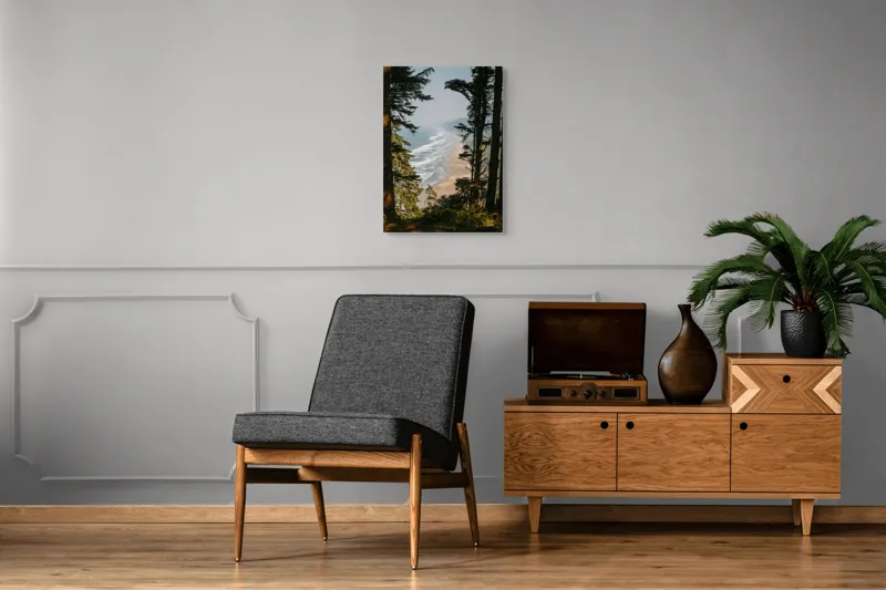 Tablou Canvas, "Între pădure și valuri sălbatice", Ocean, Valuri, Plajă, Pădure, Cer, Verdeață, Înalt, Priveliște, Apus, Natura, 50 x 70 cm – poza 8
