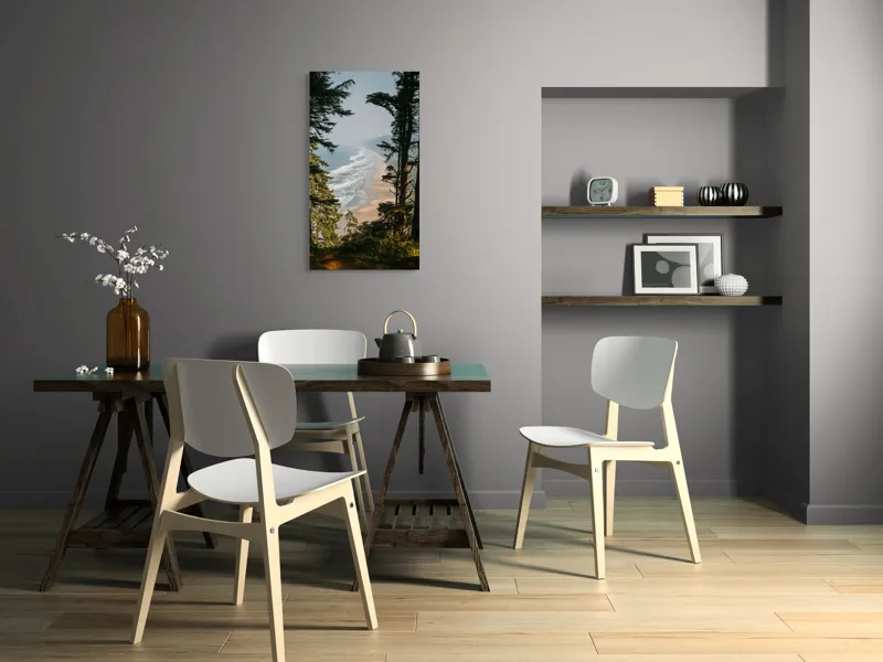 Tablou Canvas, "Între pădure și valuri sălbatice", Ocean, Valuri, Plajă, Pădure, Cer, Verdeață, Înalt, Priveliște, Apus, Natura, 50 x 90 cm – poza 4