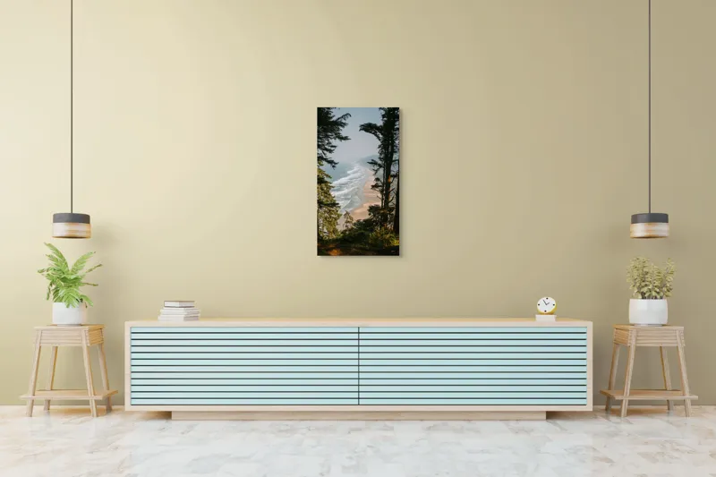 Tablou Canvas, "Între pădure și valuri sălbatice", Ocean, Valuri, Plajă, Pădure, Cer, Verdeață, Înalt, Priveliște, Apus, Natura, 50 x 90 cm – poza 6