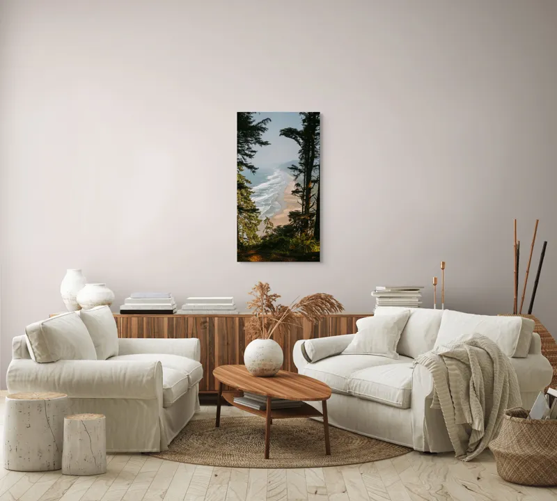 Tablou Canvas, "Între pădure și valuri sălbatice", Ocean, Valuri, Plajă, Pădure, Cer, Verdeață, Înalt, Priveliște, Apus, Natura, 50 x 90 cm – poza 7