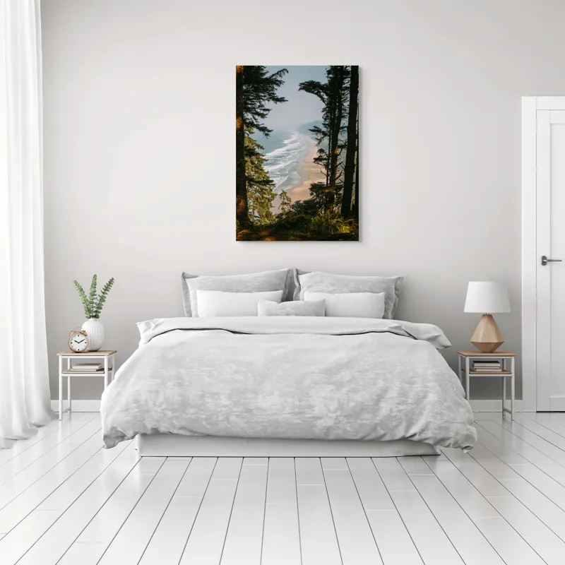 Tablou Canvas, "Între pădure și valuri sălbatice", Ocean, Valuri, Plajă, Pădure, Cer, Verdeață, Înalt, Priveliște, Apus, Natura, 70 x 100 cm – poza 3