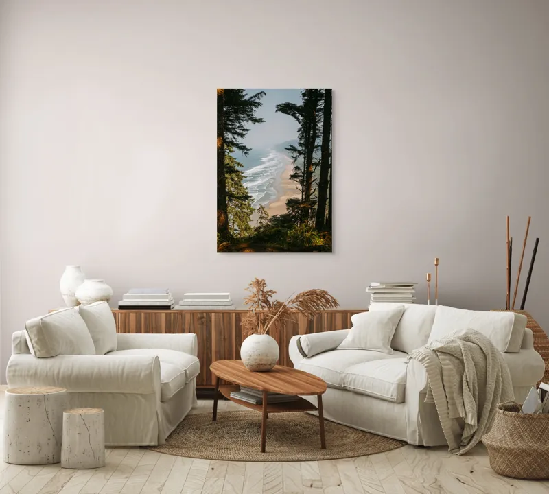 Tablou Canvas, "Între pădure și valuri sălbatice", Ocean, Valuri, Plajă, Pădure, Cer, Verdeață, Înalt, Priveliște, Apus, Natura, 70 x 100 cm – poza 4