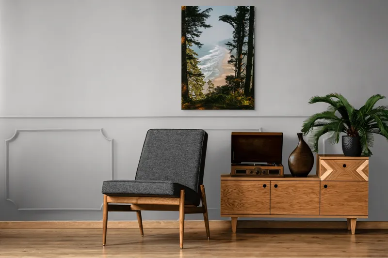 Tablou Canvas, "Între pădure și valuri sălbatice", Ocean, Valuri, Plajă, Pădure, Cer, Verdeață, Înalt, Priveliște, Apus, Natura, 70 x 100 cm – poza 6