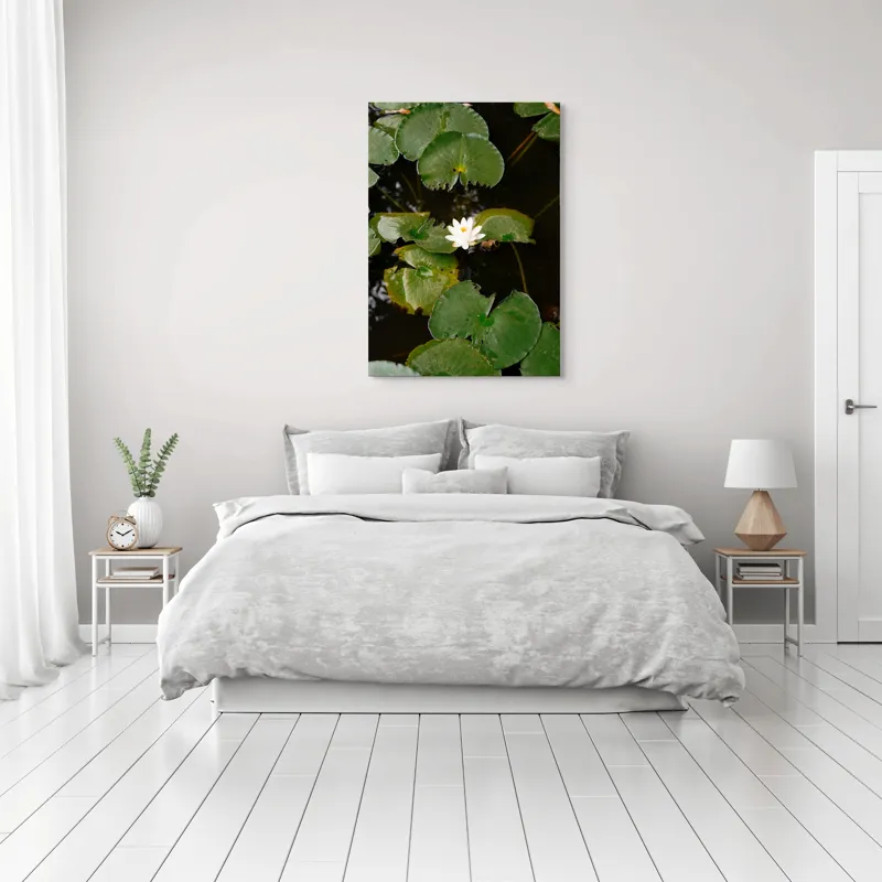 Tablou Canvas, "Floare de nufăr pe lac liniștit", Frunze, Lac, Floare, Nufăr, Apă, Verde, Natural, Frumusețe, Reflecție, Petale, 70 x 100 cm – poza 3