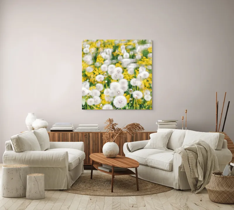 Tablou Canvas, "Păpădii în dansul vântului primăvăratic", Puf, Galben, Estompat, Câmp, Verde, Vară, Natură, Delicat., 100 x 100 cm – poza 3