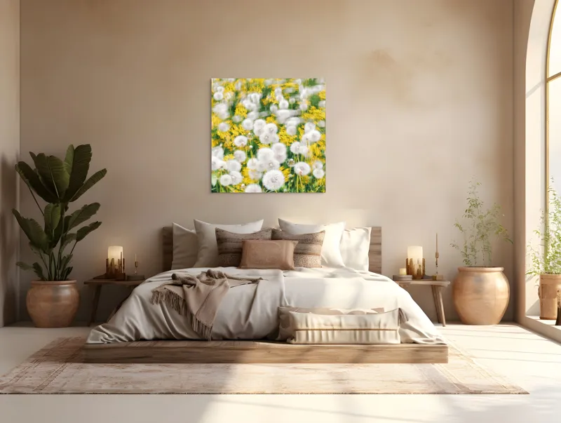 Tablou Canvas, "Păpădii în dansul vântului primăvăratic", Puf, Galben, Estompat, Câmp, Verde, Vară, Natură, Delicat., 100 x 100 cm – poza 4