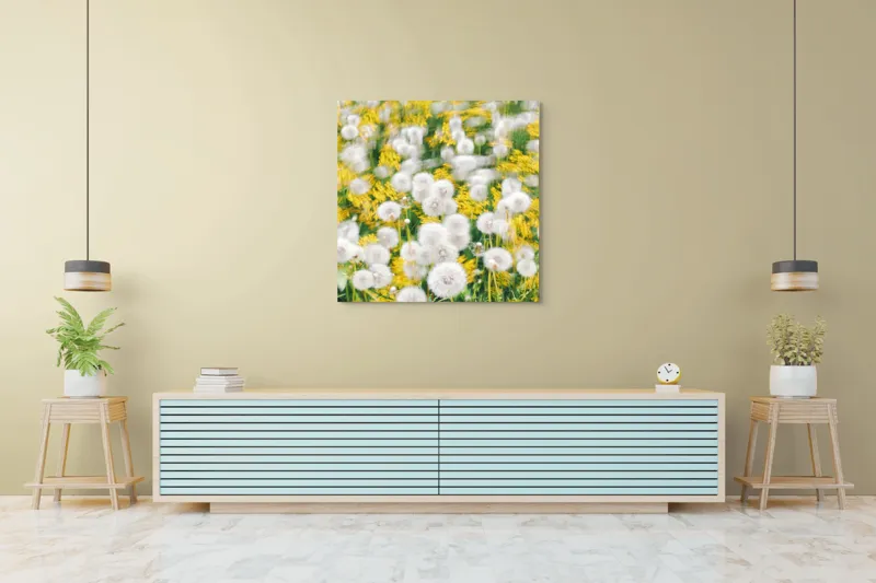 Tablou Canvas, "Păpădii în dansul vântului primăvăratic", Puf, Galben, Estompat, Câmp, Verde, Vară, Natură, Delicat., 100 x 100 cm – poza 5