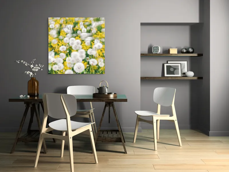 Tablou Canvas, "Păpădii în dansul vântului primăvăratic", Puf, Galben, Estompat, Câmp, Verde, Vară, Natură, Delicat., 100 x 100 cm – poza 6