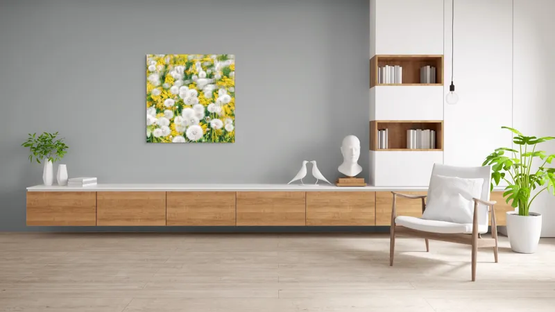 Tablou Canvas, "Păpădii în dansul vântului primăvăratic", Puf, Galben, Estompat, Câmp, Verde, Vară, Natură, Delicat., 100 x 100 cm – poza 8