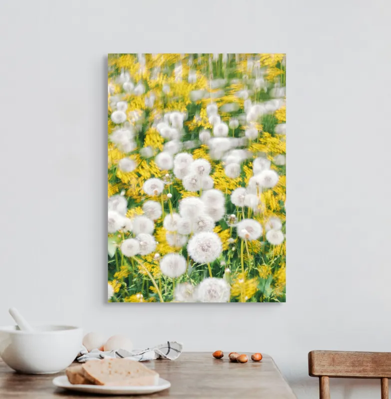 Tablou Canvas, "Păpădii în dansul vântului primăvăratic", Puf, Galben, Estompat, Câmp, Verde, Vară, Natură, Delicat., 50 x 70 cm – poza 3