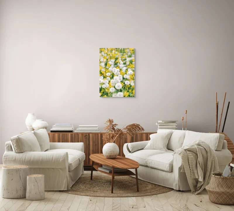 Tablou Canvas, "Păpădii în dansul vântului primăvăratic", Puf, Galben, Estompat, Câmp, Verde, Vară, Natură, Delicat., 50 x 70 cm – poza 4