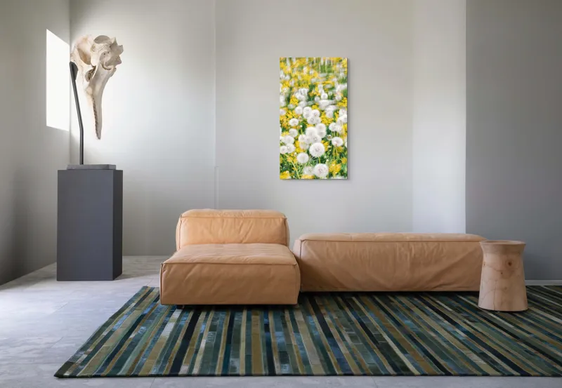 Tablou Canvas, "Păpădii în dansul vântului primăvăratic", Puf, Galben, Estompat, Câmp, Verde, Vară, Natură, Delicat., 50 x 90 cm – poza 5