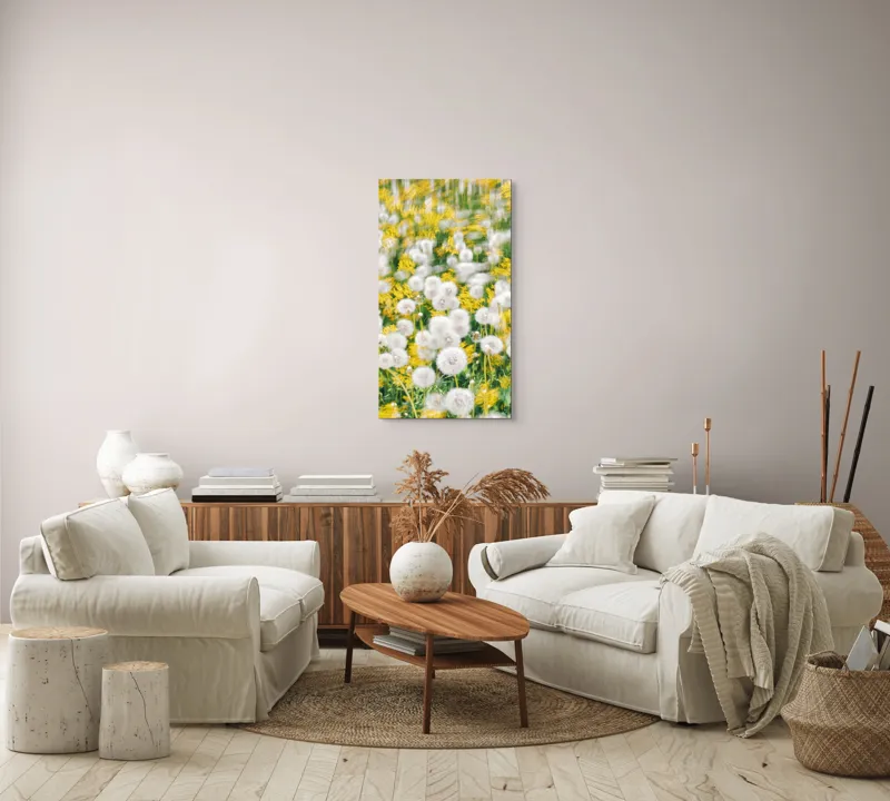 Tablou Canvas, "Păpădii în dansul vântului primăvăratic", Puf, Galben, Estompat, Câmp, Verde, Vară, Natură, Delicat., 50 x 90 cm – poza 7