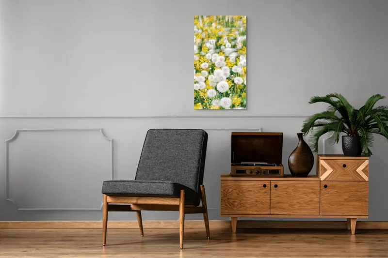 Tablou Canvas, "Păpădii în dansul vântului primăvăratic", Puf, Galben, Estompat, Câmp, Verde, Vară, Natură, Delicat., 50 x 90 cm – poza 8